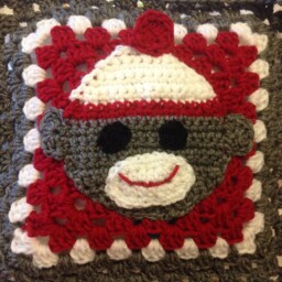 Fans Of The Sock Monkey - Fun Granny Square Pillow 12x12 in Red, Grey & White - thumbnail 2