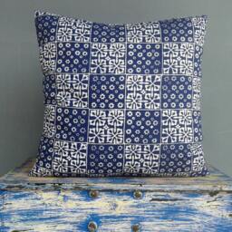 Batik Pillow Cover Handprinted Navy Blue Cotton Cushion, Boho Decor - thumbnail 2