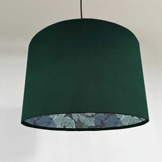 Green Velvet Drum Lampshade, With William Morris Blue Leaves Paper Interior, Ceiling Light Shade - image 1