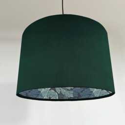 Green Velvet Drum Lampshade, With William Morris Blue Leaves Paper Interior, Ceiling Light Shade