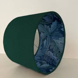 Green Velvet Drum Lampshade, With William Morris Blue Leaves Paper Interior, Ceiling Light Shade - thumbnail 2
