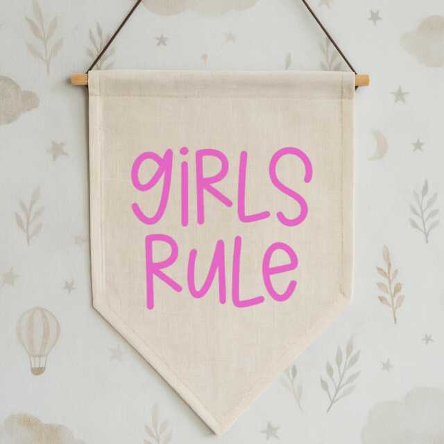 Girls Rule Wall Banner - Bedroom Decor Pink Nursery Hanging Kids Room Pennant Flag -Feminist - image 1