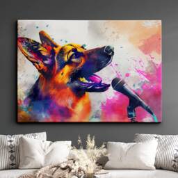 German Shepherd Singing Microphone Painting Framed Poster Print & Canvas Wall Decor Art Home Living Room Dog Gift Music - thumbnail 1