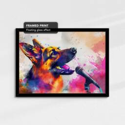 German Shepherd Singing Microphone Painting Framed Poster Print & Canvas Wall Decor Art Home Living Room Dog Gift Music - thumbnail 2