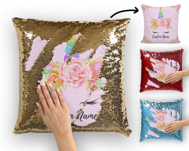 Unicorn Pillow With Custom Name, Personalized Cushion Lover Gift, Art, Gold Red Blue Couch Pillow, Bedroom Decor - image 1