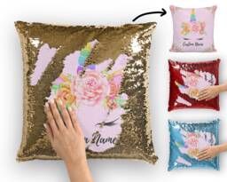 Unicorn Pillow With Custom Name, Personalized Cushion Lover Gift, Art, Gold Red Blue Couch Pillow, Bedroom Decor