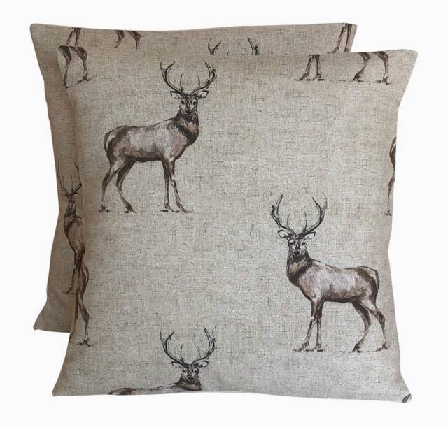 "2 X Fryetts Glencoe Stag Natural Beige Brown Cotton Cushion Covers 16""-24" - image 1