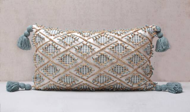 White Textured Pillow Cover, Blue Embroidered Cotton Cushion With Wool Tassels, Handmade - image 1