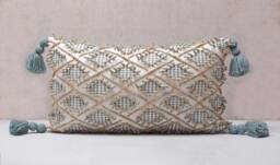 White Textured Pillow Cover, Blue Embroidered Cotton Cushion With Wool Tassels, Handmade