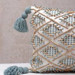 White Textured Pillow Cover, Blue Embroidered Cotton Cushion With Wool Tassels, Handmade - thumbnail 2