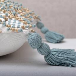 White Textured Pillow Cover, Blue Embroidered Cotton Cushion With Wool Tassels, Handmade - thumbnail 3