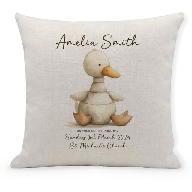 Personalised Christening Gift, Cute Toy Duck, New Baby Cushion, Boys, Girls, Baptism, Holy Communion - image 1