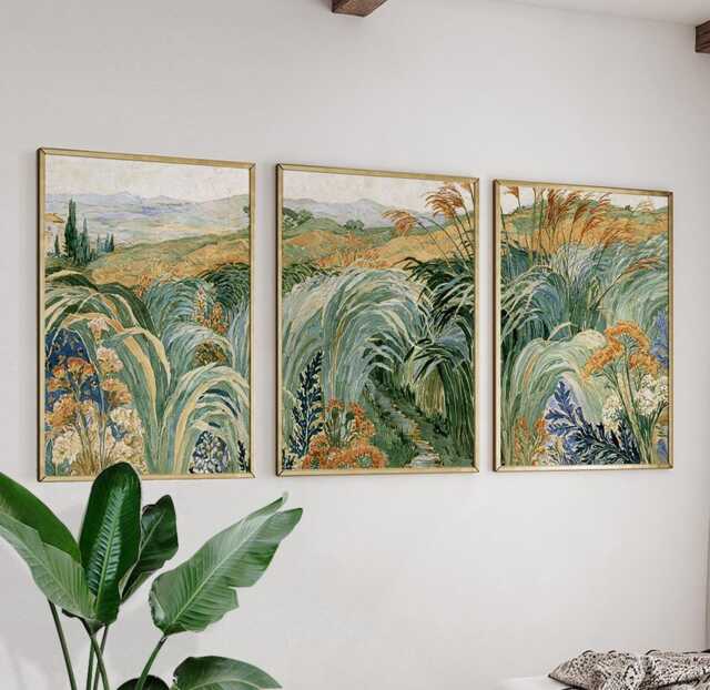 Green Grass Valley Poster Set, Botanical Wall Art, Landscape Prints - image 1