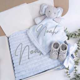 Embroidered Blue Elephant Comforter Blanket Gift Set - Baby Shower Booties Newborn Girl Boy