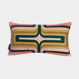 Geometric Velvet Printed Cushion - Coral + Green
