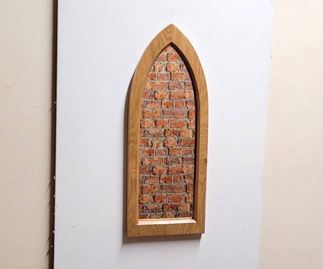 Unusual Gothic Arch Solid Wooden English Oak Mirror 62 cm Long Hand Made - image 1