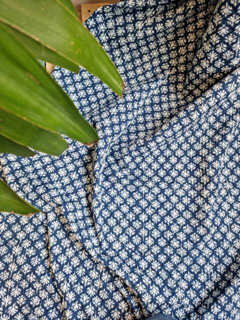 Kantha Stitch Pure Cotton Reversible Bed Sofa Picnic Kids Room Throw Single Twin - Handprinted Dohar Floral Indigo Blue White Mini Motifs - image 1