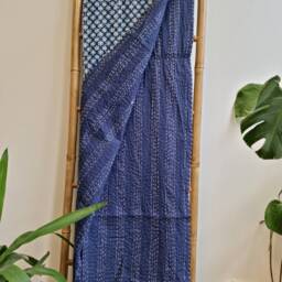 Kantha Stitch Pure Cotton Reversible Bed Sofa Picnic Kids Room Throw Single Twin - Handprinted Dohar Floral Indigo Blue White Mini Motifs - thumbnail 3