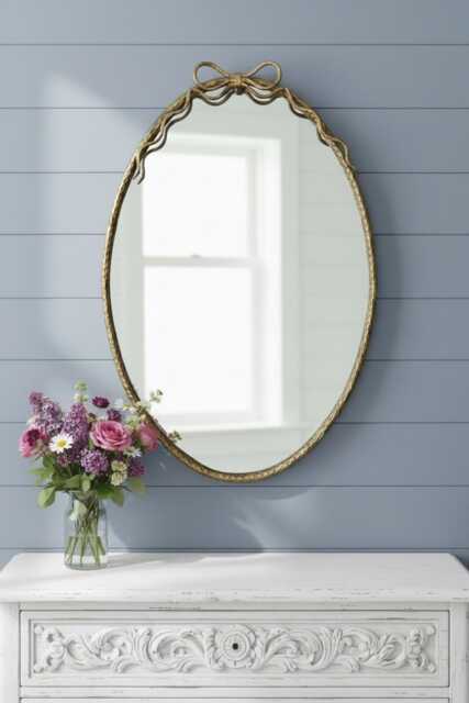 Antique Gold Oval Bow Mirror - Large Wall Ornate Braided Metal Frame Detail Vintage Style H94cm W62.5cm - image 1