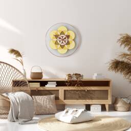 Painted Glass Flower Wall Clock Yellow Sacred Geometry Mandala Of Life, Silent Movement
