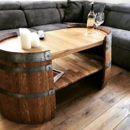 Long Coffee Table Made Of Wine Barrel Halves Oiled - thumbnail 2
