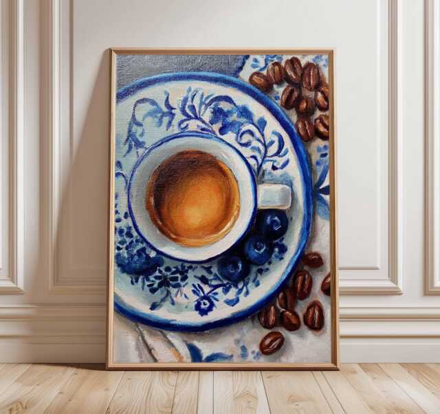 Coffee Art Print - Blue & White Kitchen Wall Realistic Oil Painting Style Poster Espresso Decor Caf?? Artwork - image 1