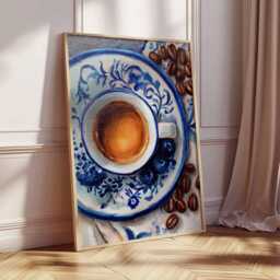 Coffee Art Print - Blue & White Kitchen Wall Realistic Oil Painting Style Poster Espresso Decor Caf?? Artwork - thumbnail 2