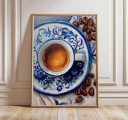 Coffee Art Print - Blue & White Kitchen Wall Realistic Oil Painting Style Poster Espresso Decor Caf?? Artwork - thumbnail 1
