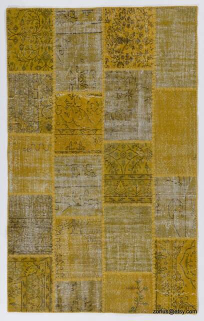 5'x8' - 152x245 cm Yellow Handmade Turkish Patchwork Rug - image 1