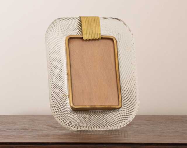 Rare Original Murano Glass Picture Frame Clear Brass Details, Handmade in Murano, Italy 25x19 cm - image 1