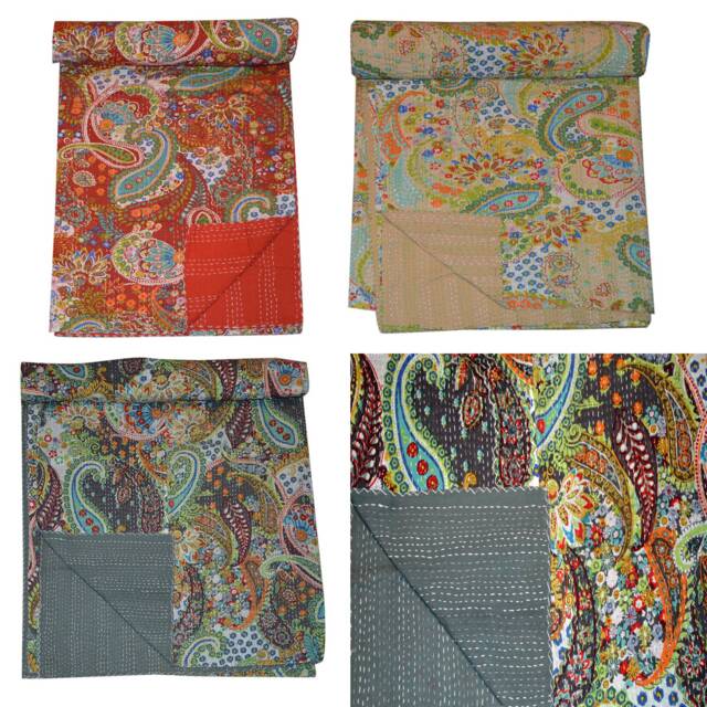 Indian Hand Paisley Print Kantha Quilt Ralli Gudari Stitched Kantha Quilts Blanket Bohemian Blanket Vintage Cotton Bedspread Throw - image 1
