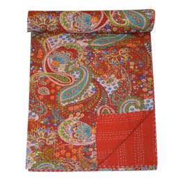 Indian Hand Paisley Print Kantha Quilt Ralli Gudari Stitched Kantha Quilts Blanket Bohemian Blanket Vintage Cotton Bedspread Throw - thumbnail 3
