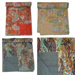 Indian Hand Paisley Print Kantha Quilt Ralli Gudari Stitched Kantha Quilts Blanket Bohemian Blanket Vintage Cotton Bedspread Throw - thumbnail 1