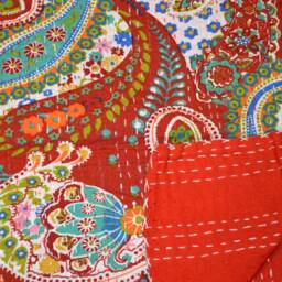 Indian Hand Paisley Print Kantha Quilt Ralli Gudari Stitched Kantha Quilts Blanket Bohemian Blanket Vintage Cotton Bedspread Throw - thumbnail 2