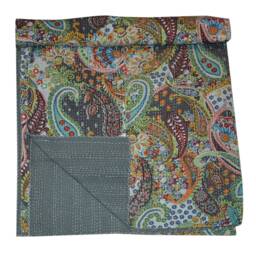 Indian Hand Paisley Print Kantha Quilt Ralli Gudari Stitched Kantha Quilts Blanket Bohemian Blanket Vintage Cotton Bedspread Throw - thumbnail 4