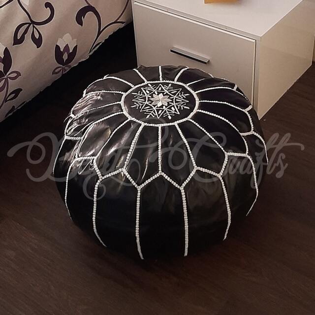 Black Leather Pouf Ottoman, Leather Ottoman Pouf, Chair, Pouf Leather, Handmade Footstool, Black Unstuffed - image 1