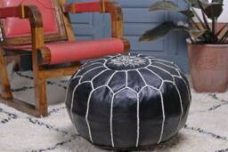 Black Leather Pouf Ottoman, Leather Ottoman Pouf, Chair, Pouf Leather, Handmade Footstool, Black Unstuffed - thumbnail 2