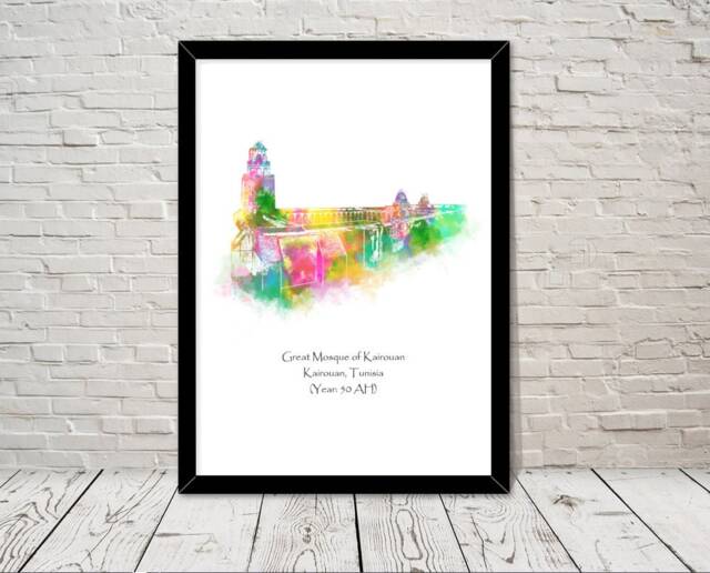 Great Mosque Of Kairouan Tunisia Islamic Art Watercolour Illustration Prints Islamic Wall Gifts Muslim Islam