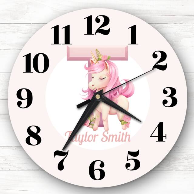 Pink Unicorn Alphabet Letter T Girls Room Custom Gift Personalised Clock - image 1