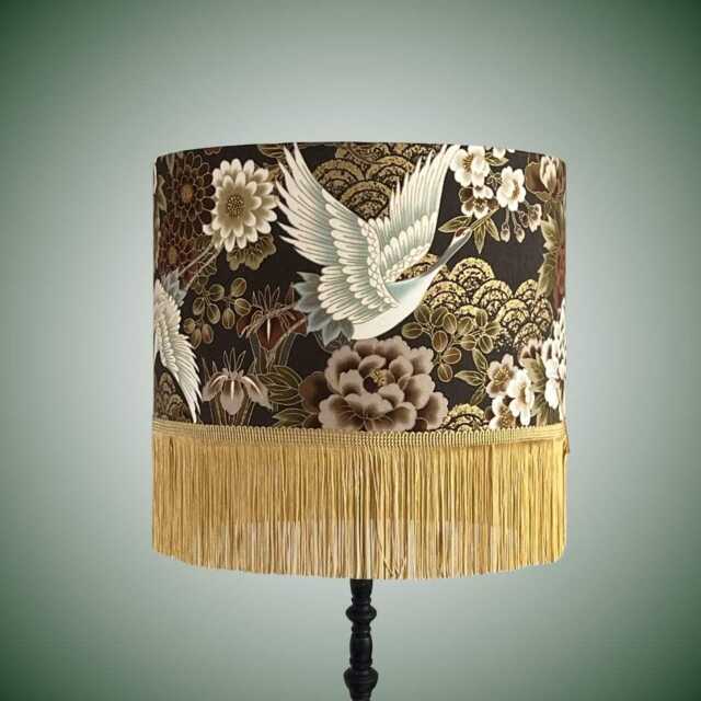 Luxury Oriental Japanese Cranes & Florals Drum Lampshade With Metallic Highlights Gold Fringe - image 1