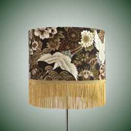 Luxury Oriental Japanese Cranes & Florals Drum Lampshade With Metallic Highlights Gold Fringe - thumbnail 3