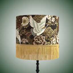 Luxury Oriental Japanese Cranes & Florals Drum Lampshade With Metallic Highlights Gold Fringe - thumbnail 1