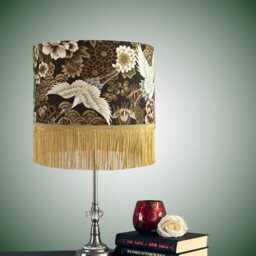 Luxury Oriental Japanese Cranes & Florals Drum Lampshade With Metallic Highlights Gold Fringe - thumbnail 2