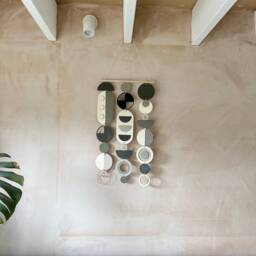 Mid-Century Modern Wall Hanging - Grey, Natural Wood, & Gold - thumbnail 3