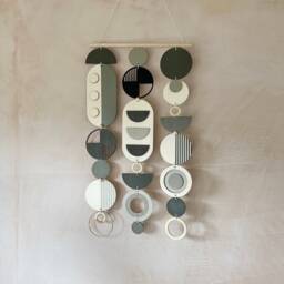 Mid-Century Modern Wall Hanging - Grey, Natural Wood, & Gold - thumbnail 1