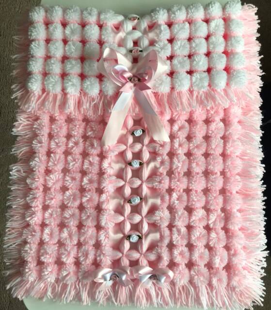 Pink Pom Baby Blanket With Ribbons & Rosebuds - image 1