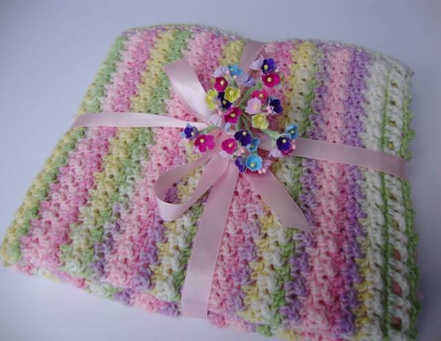 Crochet Baby Blanket Pastel Striped Acrylic Blend, Newborn Gift - image 1