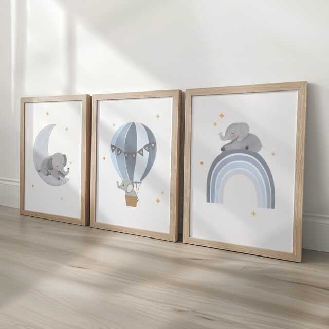 Elephant Personalised Nursery Wall Prints, Set Of 3 Custom Framed Boys Bedroom Decor, Kids Room Moon Rainbow Hot Air Balloon Playroom Poster - image 1