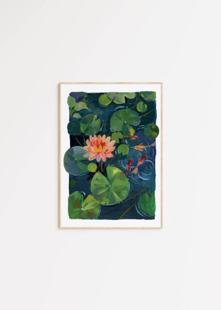 Lotus Pond Art Print Gouache Koi Illustration, Calming Botanical Wall - image 1