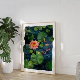 Lotus Pond Art Print Gouache Koi Illustration, Calming Botanical Wall - thumbnail 3